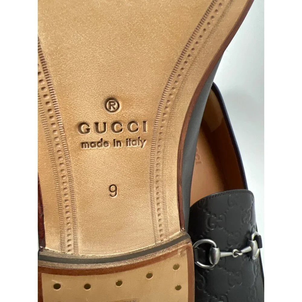 Gucci GG Debossed Leather Men Loafers Horsebit Cocoa Brown Dress Shoes Size IT9